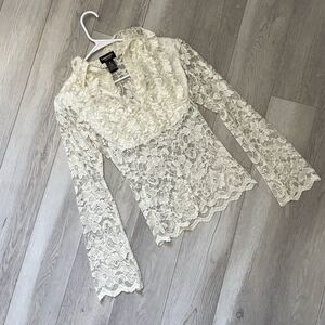 Vintage Lace Blouse sheer collared long sleeve womens Cream medium renaissance